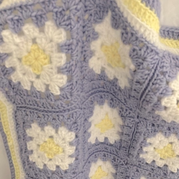 Blanket: Granny Square Blanket- pastel purple/pastel yellow/white- 50”x33” - Picture 2 of 12